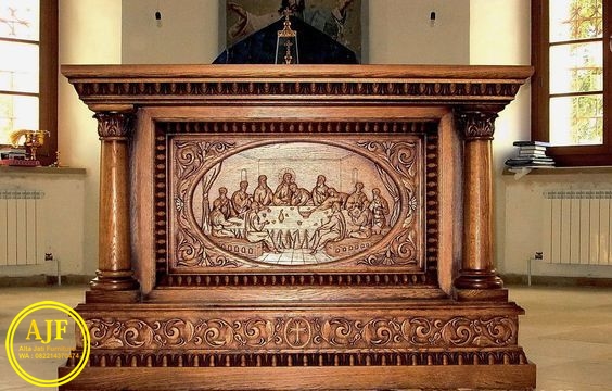 Meja Altar Gereja Jati Ukiran Relif Perjamuan